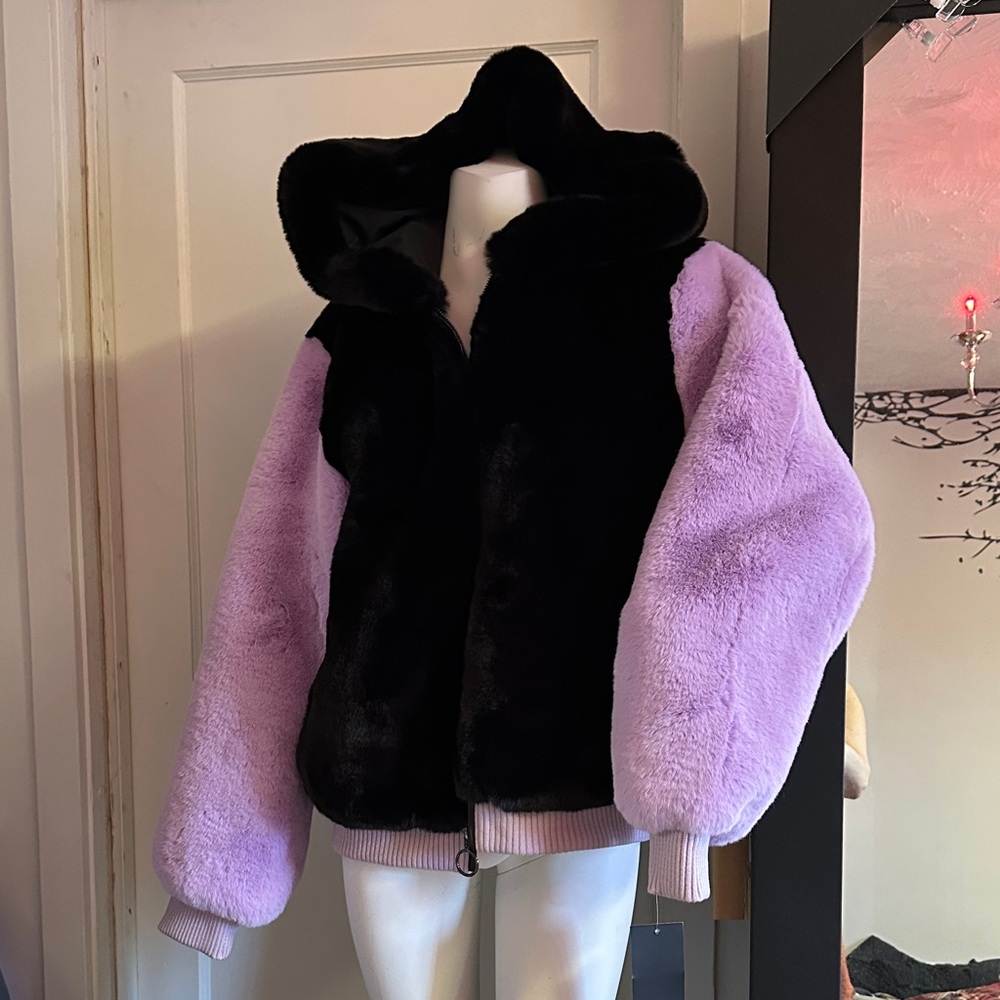 New luxury Shaci Black and lilac lavender Purple Faux Fur Jacket oversized plus